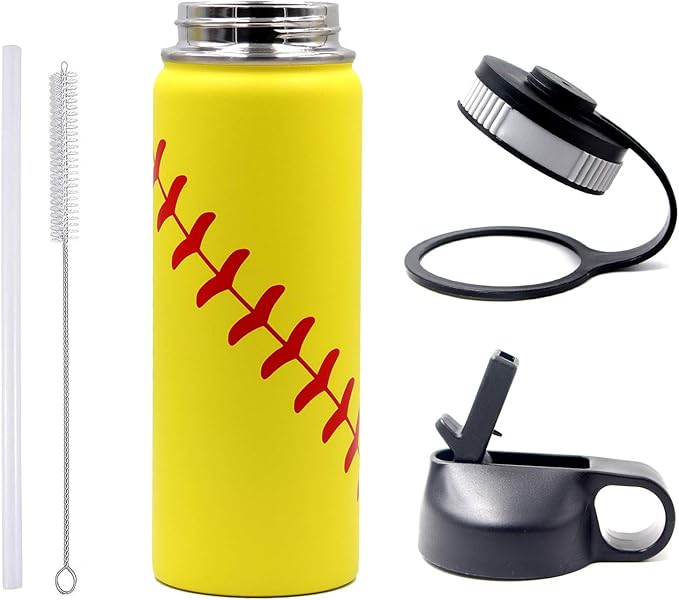 18 oz Softball Water Bottle, Wide Mouth Sports Flask Metal Travel Tumbler with 2 Lids, Stainless Steel Double Wall Vacuum Insulated Leak Proof Thermo Water Bottles, Softball Stuff Gifts for Mom Girls