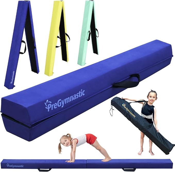 PreGymnastic 6FT/8FT/9.5FT Folding Balance Beam for Kids Ages 3-12, Foldable Gymnastics Floor Beam-Extra Firm Suede Cover with Carrying Bag for Home-Gym Equipment for Toddler Teenager