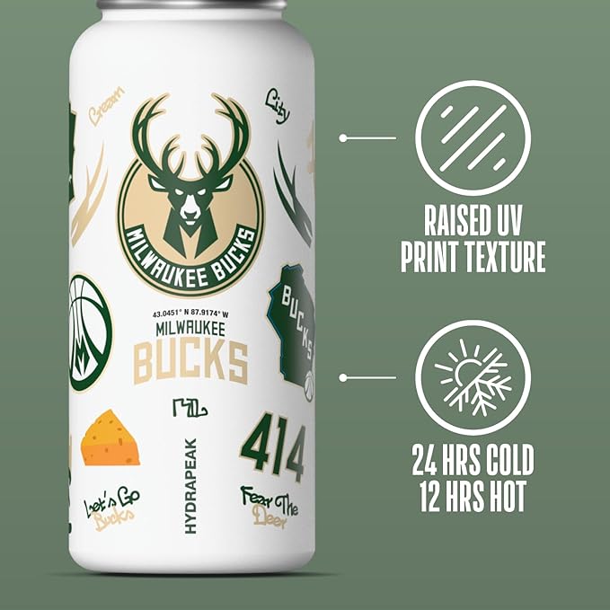 Hydrapeak x NBA Officially Licensed Milwaukee Bucks 32 oz Active Water Bottle with Chug Lid Reusable Stainless Steel Double Wall Insulated Sports Gift, Celebrating The City Of Milwaukee