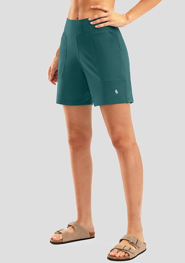 SANTINY Women's 6'' Athletic Long Shorts with 4 Pockets High Waisted Bermuda Shorts for Women Walking Running Casual