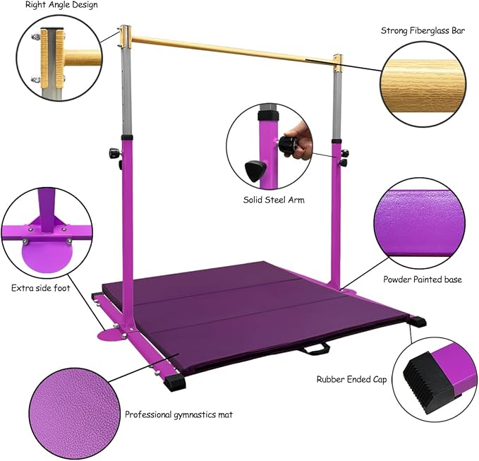 GLANT Gymnastic Kip Bar,Horizontal Bar for Kids Girls Junior,3' to 5' Adjustable Height,Home Gym Equipment,Ideal for Indoor and Home Training,1-4 Levels,300lbs Weight Capacity