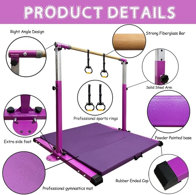 Gymnastics Kip Bar for Home Indoor Training,Horizontal Bar for Kids Girls Junior,Adjustable Arms from 3' - 5' Gym Equipment,1-4 Levels,300lbs Weight Capacity