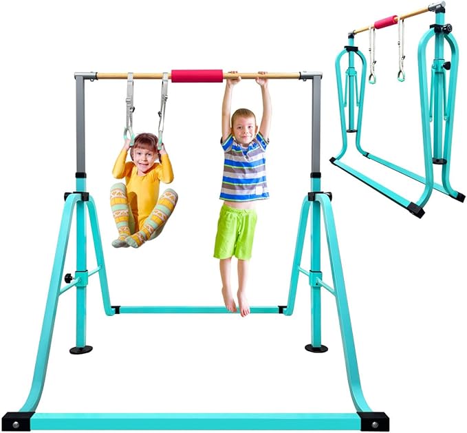 GLANT Gymnastics Bar for Kids with Rings Set, 7 Heights Adjustable Easy Folding Gymnastic Training Bar Kids Monkey Horizontal Bars - Max Load 300LBS