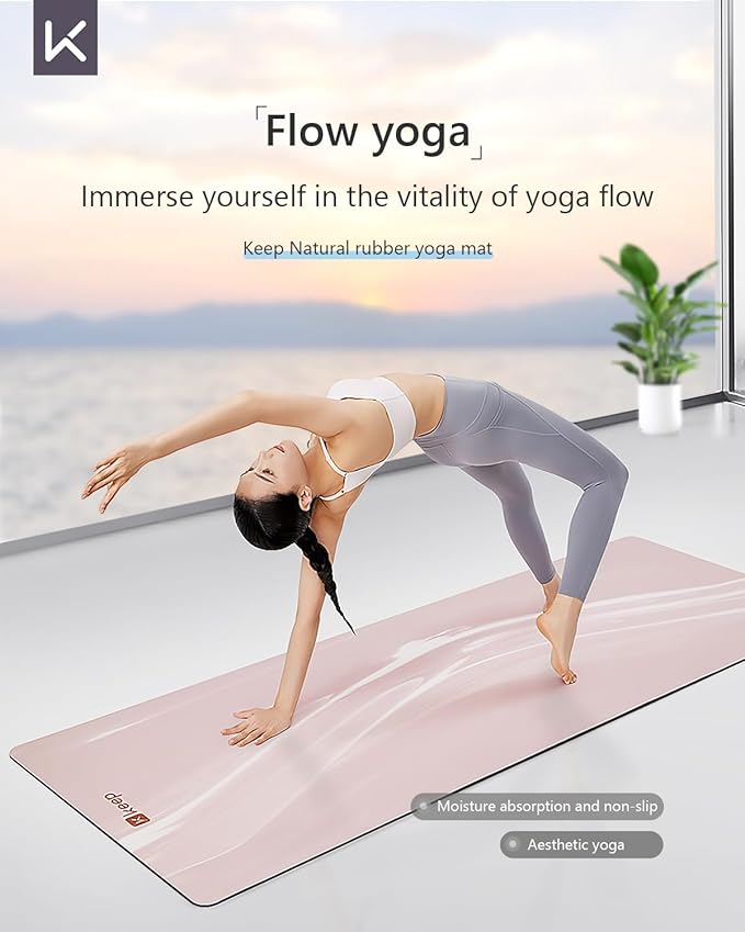 KEEP Rubber Yoga Mat - Professional Sweat Absorbent PU & Natural Rubber. Non Slip Workout Mats for Women & Men, 5mm Thick, 74"x26" Extra Long Wide Pad for Hot Yoga, Pilates, HIIT, Home Gym - Strap Included