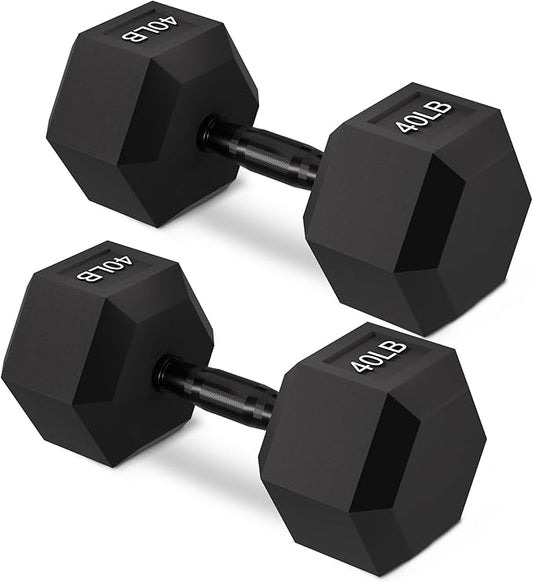 Rubber Encased Hex Weights Dumbbells Set of 5 – 50 lb Pair | Cast Iron Hand Weights with Anti-Slip Grip for Home Gym Strength Training
