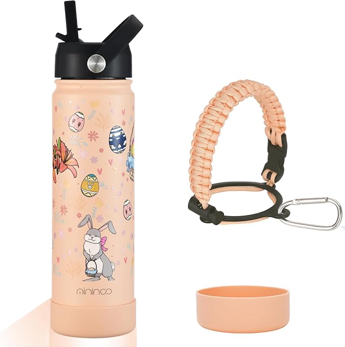 mininoo Water Bottle with Straw Lid, 24 oz Insulated Stainless Steel Double Wall Vacuum, Gifts, Cute Bunny & Egg(Peach Fuzz)