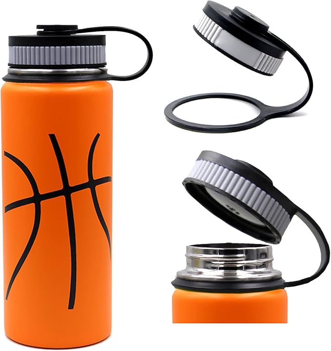 18 oz Basketball Water Bottle, Sports Flask Metal Travel Tumbler with 2 Lids, Stainless Steel Double Wall Vacuum Insulated Thermo Water Bottles, Basketball Accessories Stuff Gifts for Mom Boys Girls