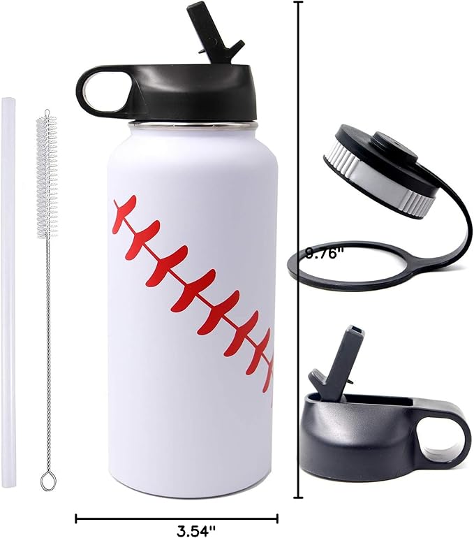 32 oz Baseball Water Bottle, Wide Mouth Sports Flask Metal Travel Tumbler with 2 Lids, Stainless Steel Double Wall Vacuum Insulated Thermo Water Bottles, Baseball Accessories Gifts for Mom Boys Girls