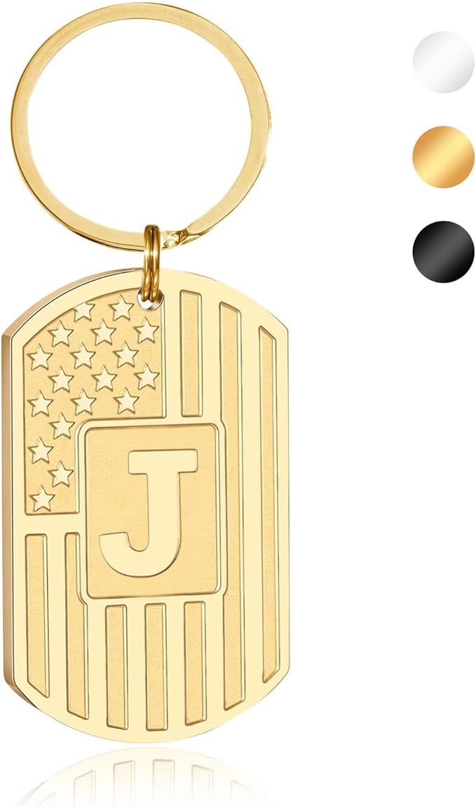 Stocking Stuffers Christmas Gift- Initial Keychain Gifts for Men,A-Z Letter American Flag Keychain Mens Gifts