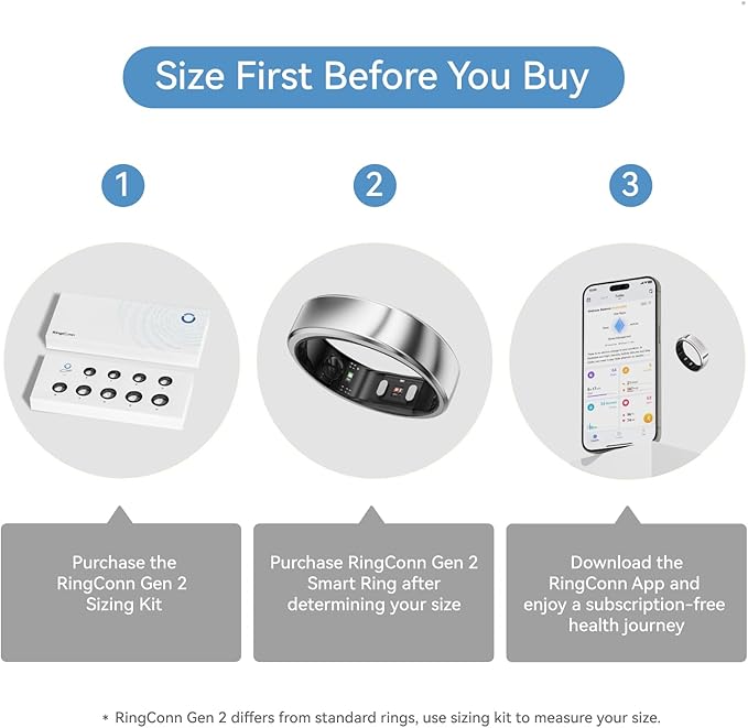 RingConn Gen 2, World’s First Smart Ring with Sleep Apnea Monitoring, No APP Subscription, 12-Day Battery Life, Stress/Heart Rate/Women's Health Tracker, Android & iOS Compatible (Silver, Size 13)