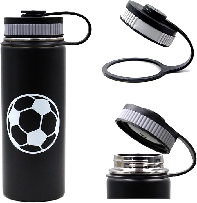 18 oz Soccer Water Bottle with Straw, Sports Flask Metal Travel Tumbler with 2 Lids, BPA Free Stainless Steel Double Wall Vacuum Insulated Leak Proof Thermo Water Bottles, Soccer Gifts for Boys Girls