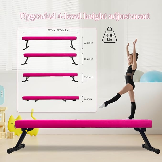 8FT Adjustable&Foldable Gymnastics Balance Beam,Home Gym Equipment,Easy Assembling and Storage,No Tool Require,for Kids Children Girls Training