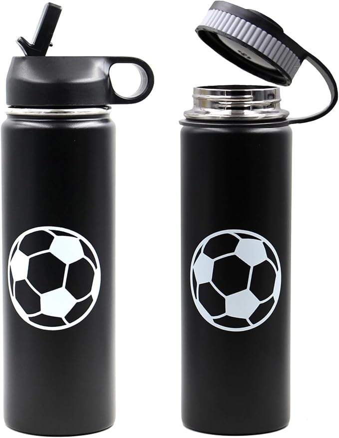22 oz Soccer Water Bottle with Straw, Sports Flask Metal Travel Tumbler with 2 Lids, BPA Free Stainless Steel Double Wall Vacuum Insulated Leak Proof Thermo Water Bottles, Soccer Gifts for Boys Girls