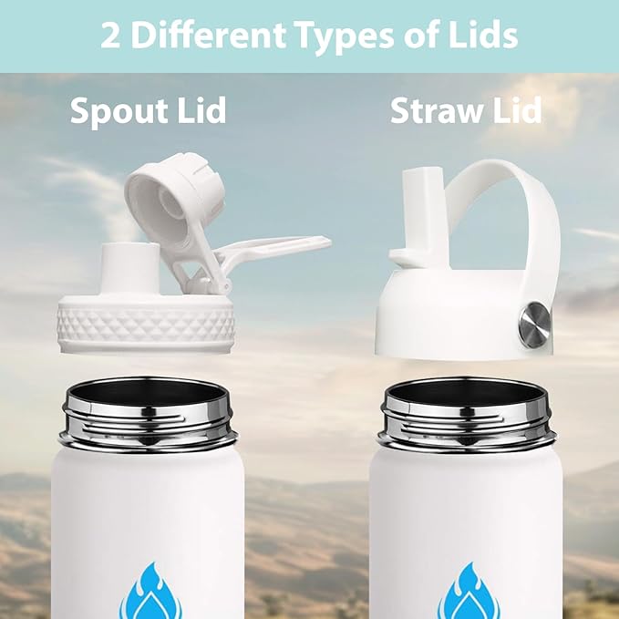 SENDESTAR Water Bottle 32oz Double Wall Vacuum Insulated Leak Proof Stainless Steel Sports Water Bottle—Wide Mouth with New Flex Straw Lid & Spout Lid (White&Voilet)