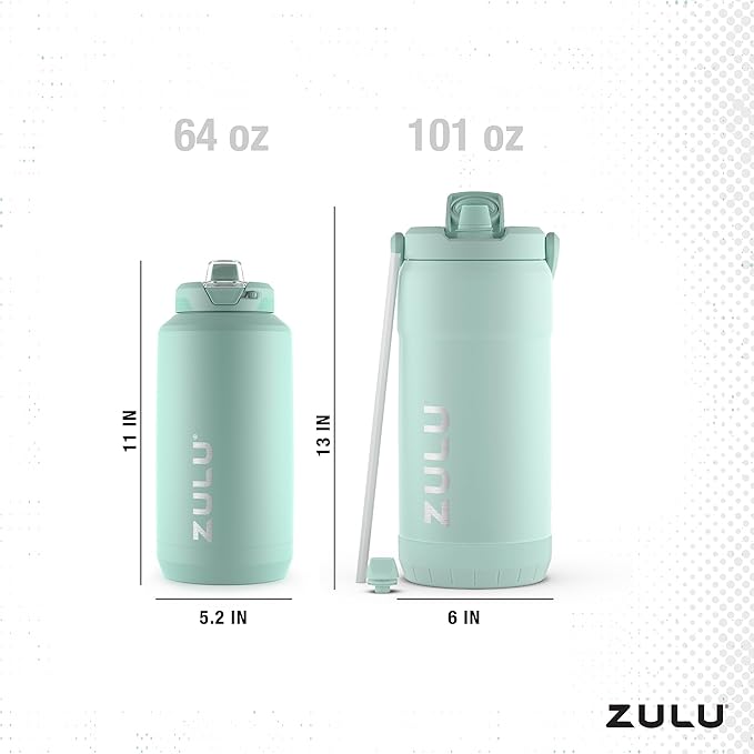 ZULU Goals Vacuum Insulated Large Capacity Stainless Steel Water Bottle | Reusable Jug Thermoses with Carry Handle | Leak-Proof Lid | Perfect for Travel, Workout, Gym, Hiking, Camping | 64oz, 101oz