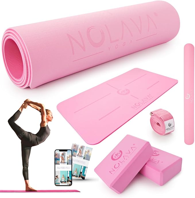 NOLAVA Yoga Mats & Complete Sets - TPE, Non-Slip - Includes Mat, Blocks, Strap, & More (6pc or 7pc Sets) - For Pilates, Yoga & Fitness