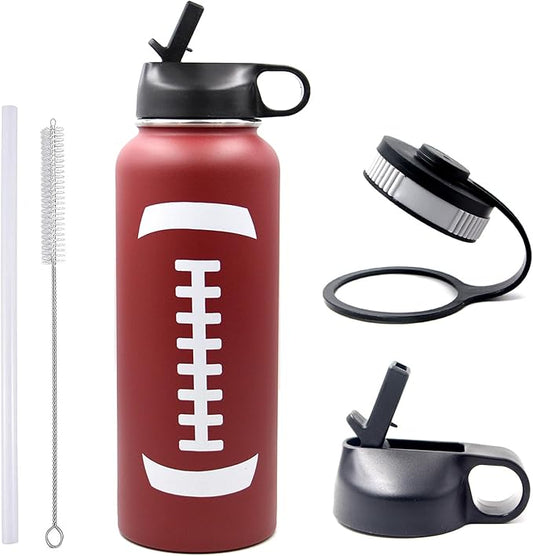 40 oz Football Water Bottle with Straw, Wide Mouth Sports Flask Metal Travel Tumbler with 2 Lids, Stainless Steel Double Wall Vacuum Insulated Thermo Water Jug, Football Gear Gifts for Boys Girls