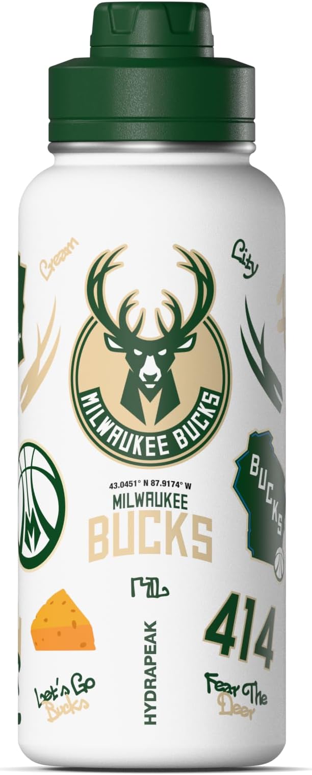 Hydrapeak x NBA Officially Licensed Milwaukee Bucks 32 oz Active Water Bottle with Chug Lid Reusable Stainless Steel Double Wall Insulated Sports Gift, Celebrating The City Of Milwaukee