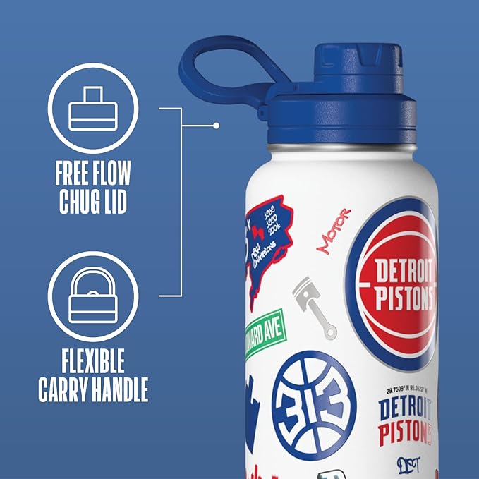 Hydrapeak x NBA Officially Licensed Detroit Pistons 32 oz Active Water Bottle with Chug Lid Reusable Stainless Steel Double Wall Insulated Sports Gift, Celebrating The City Of Detroit