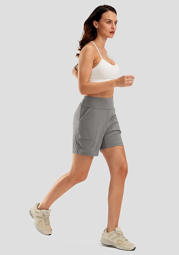SANTINY Women's 6'' Athletic Long Shorts with 4 Pockets High Waisted Bermuda Shorts for Women Walking Running Casual