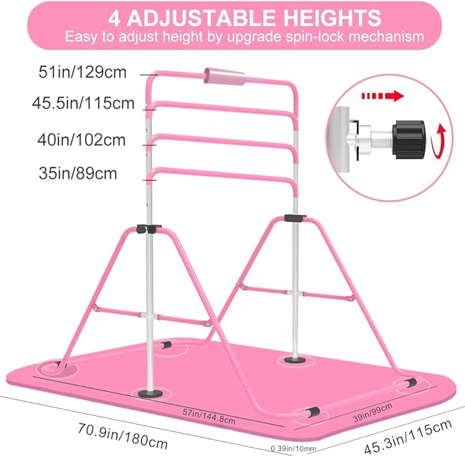 Expandable Gymnastics Bar for Kids, Adjustable Height Junior Training Kip Bar, Folding Gymnastic Horizontal Bars Monkey Bar, Home Gym Equipment for Kid Gymnasts, Child, Girl, Boy
