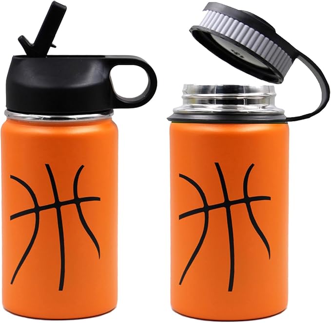 12 oz Basketball Water Bottle, Sports Flask Metal Travel Tumbler with 2 Lids, Stainless Steel Double Wall Vacuum Insulated Thermo Water Bottles, Basketball Accessories Stuff Gifts for Mom Boys Girls