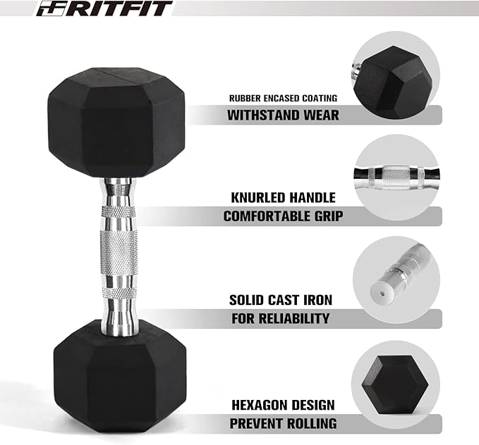 RITFIT 650/550/450/350/300/310/260/210/200/180/150/100 LB Rubber Hex Dumbbells Set with Optional Dumbbell Rack, Multi Weight Set to Choose, Ideal for Home Gym and Fitness