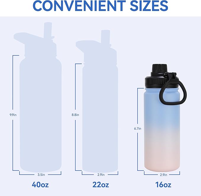 DOMICARE 16 oz Kids Water Bottle for School Stainless Steel Double Wall Vacuum Insulated Water Bottle with Straw lids & Spout Lid, Leakproof BPA Free (Blue/Pink,8)