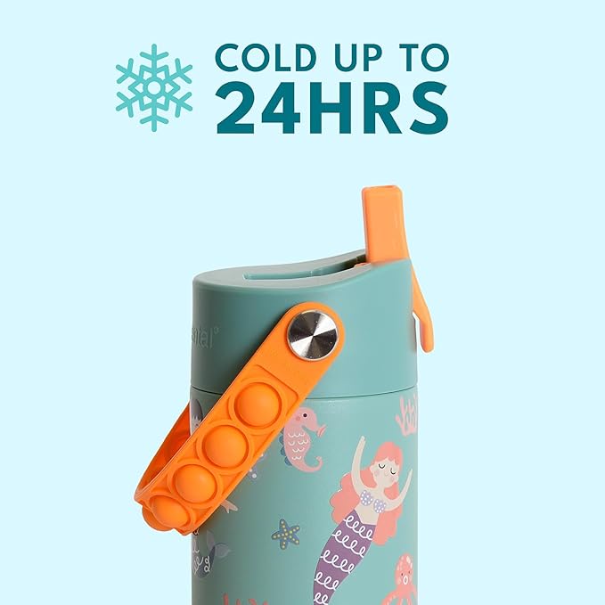 Elemental 100% Leak Proof When Spout is Closed Insulated Kids Water Bottle, Stainless Steel Bottle for School with Straw Lid & Pop-It Handle, Meowmaid & Mermaid Sisters -18oz (2 Pack)