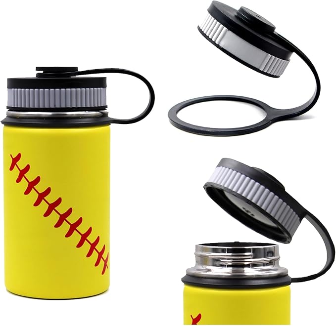 12 oz Softball Water Bottle, Wide Mouth Sports Flask Metal Travel Tumbler with 2 Lids, Stainless Steel Double Wall Vacuum Insulated Leak Proof Thermo Water Bottles, Softball Stuff Gifts for Mom Girls
