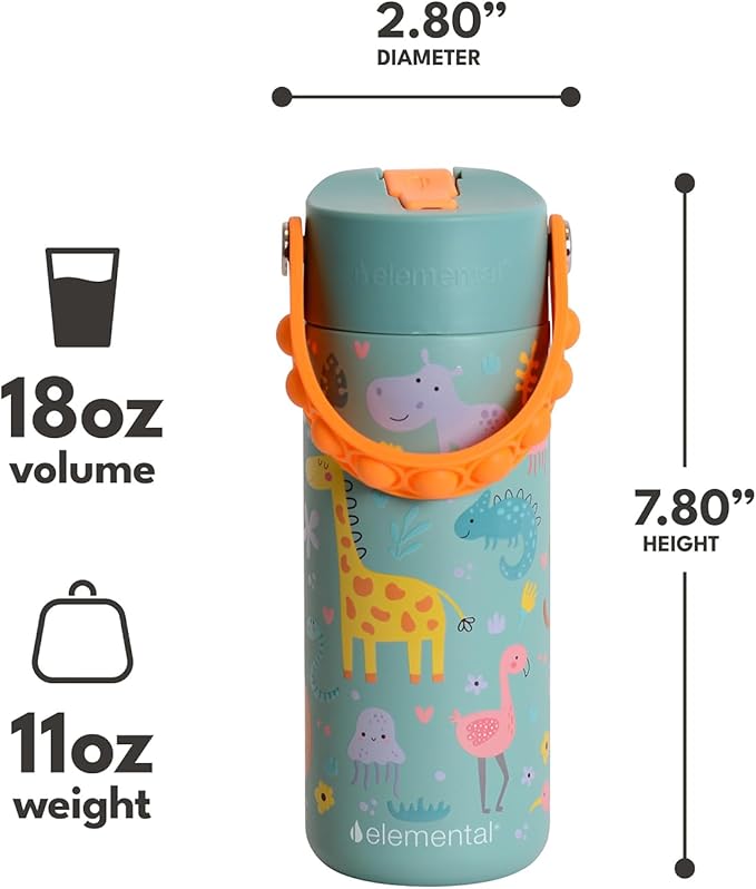 Elemental Insulated Kids Water Bottle, Stainless Steel Water Bottle with Straw Lid & Pop-It Handle, Leak-Proof Water Bottles for School, Boys or Girls, Travelling and Sports, 18oz - Safari