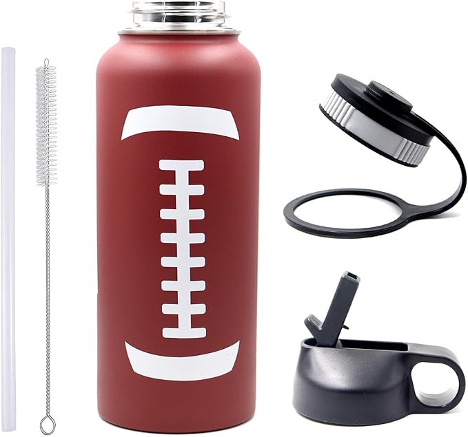40 oz Football Water Bottle with Straw, Wide Mouth Sports Flask Metal Travel Tumbler with 2 Lids, Stainless Steel Double Wall Vacuum Insulated Thermo Water Jug, Football Gear Gifts for Boys Girls