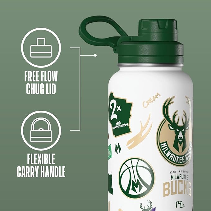 Hydrapeak x NBA Officially Licensed Milwaukee Bucks 32 oz Active Water Bottle with Chug Lid Reusable Stainless Steel Double Wall Insulated Sports Gift, Celebrating The City Of Milwaukee
