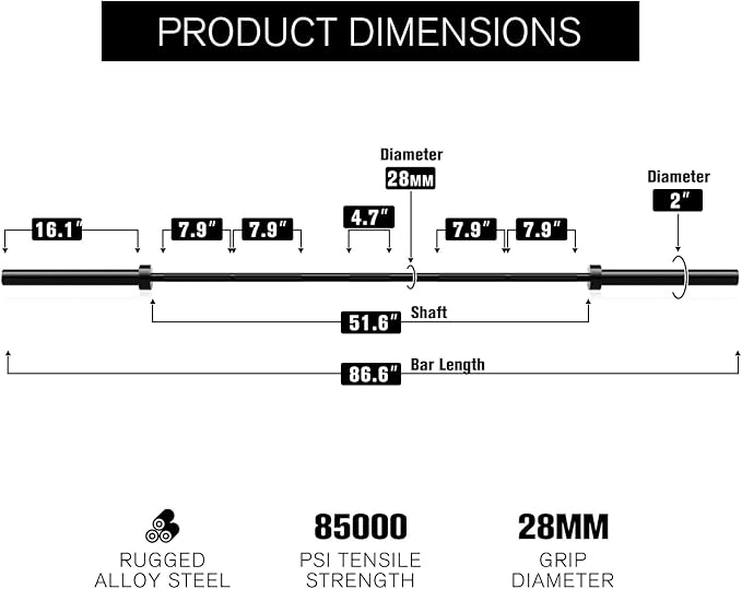 RITFIT 7FT Olympic Barbell for Strength and Weightlifting Training - 2 Inch Olympic Bar for Squat, Deadlift, Bench Press, Curl, Overhead Press - 600lbs/1000lbs/1200lbs Capacity