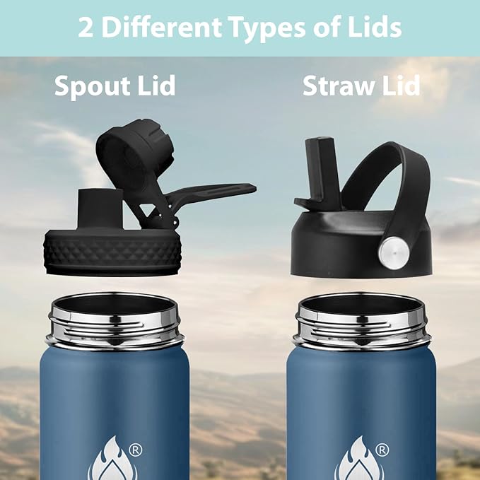 Insulated Water Bottle 32 oz with Straw, Stainless Steel Wide Mouth Water Bottle, Double Wall Vacuum Leak Proof with Straw Lid & Spout Lid for Sports or Office, Keep Cold or Hot Up to 24 Hrs