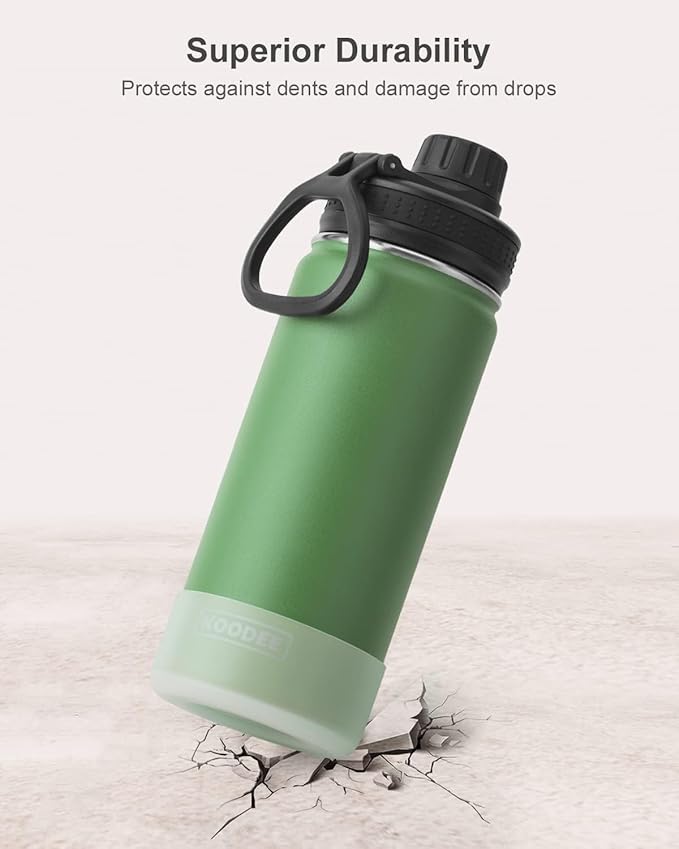koodee 16 oz Water Bottle Stainless Steel Double Wall Vacuum Insulated Wide Mouth Water Bottle with Leakproof Spout Lid-Reusable Metal WaterFlask BPA Free (Grass Green)