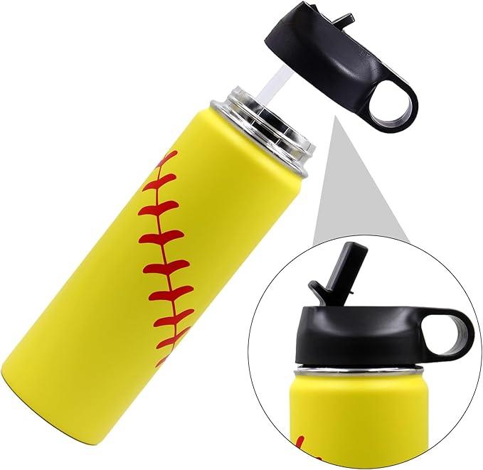 22 oz Softball Water Bottle, Wide Mouth Sports Flask Metal Travel Tumbler with 2 Lids, Stainless Steel Double Wall Vacuum Insulated Leak Proof Thermo Water Bottles, Softball Stuff Gifts for Mom Girls