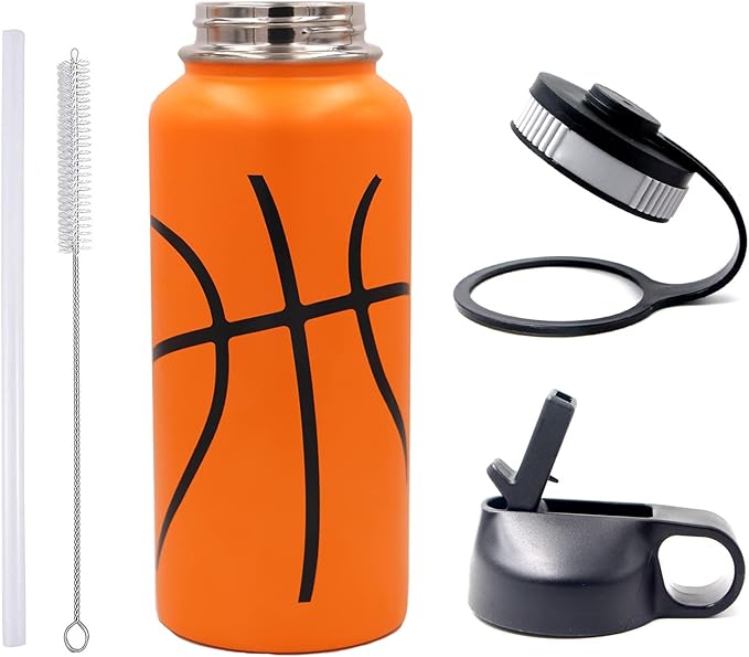 32 oz Basketball Water Bottle, Wide Mouth Sports Flask Metal Travel Tumbler with 2 Lids, Stainless Steel Double Wall Vacuum Insulated Thermo Water Bottles, Basketball Accessories Gifts for Boys Girls