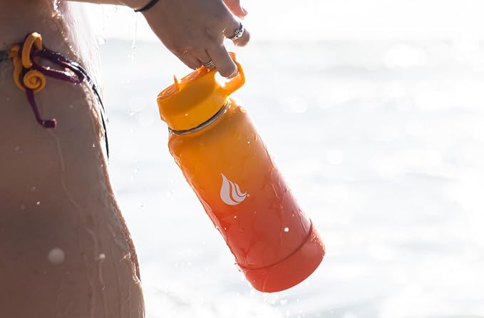 HYDRO CELL Stainless Steel Insulated Water Bottle with Straw - For Cold & Hot Drinks - Metal Vacuum Flask with Screw Cap and Modern Leakproof Sport Thermos for Adults (Red/Orange 32oz)