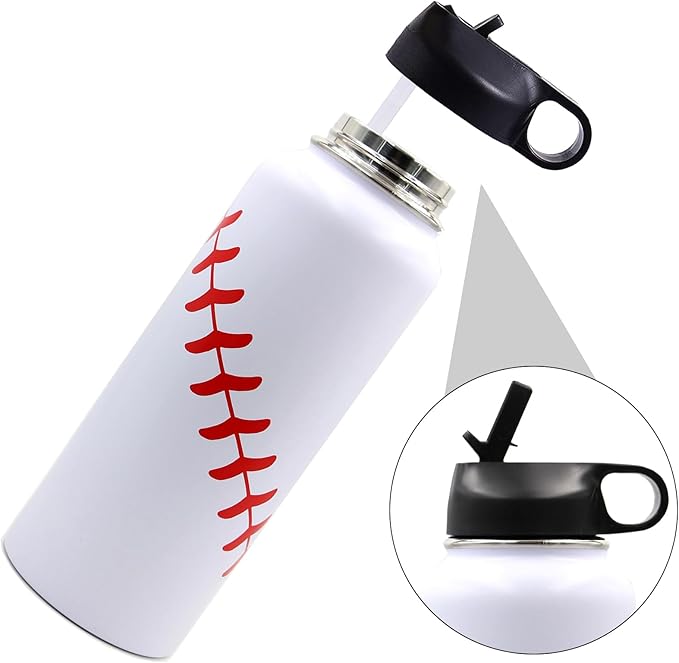 40 oz Baseball Water Bottle, Wide Mouth Sports Flask Metal Travel Tumbler with 2 Lids, Stainless Steel Double Wall Vacuum Insulated Thermo Water Jug, Baseball Accessories Gifts for Mom Boys Girls