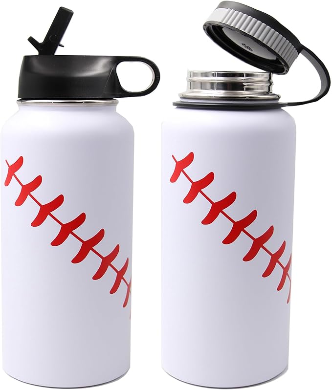 32 oz Baseball Water Bottle, Wide Mouth Sports Flask Metal Travel Tumbler with 2 Lids, Stainless Steel Double Wall Vacuum Insulated Thermo Water Bottles, Baseball Accessories Gifts for Mom Boys Girls