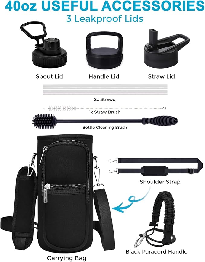 Travel Water Bottle with Carrying Bag, 3 Lids (Spout, Straw, Handle), and Bottle Brush; Leak Proof, Quality, Vacuum Insulated, Stainless Steel (Black, 40 oz)