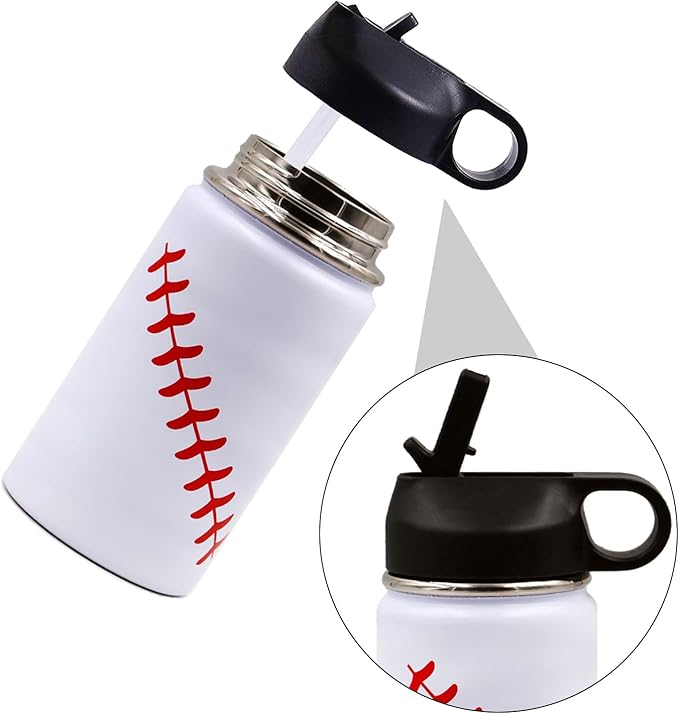 12 oz Baseball Water Bottle, Sports Flask Metal Travel Tumbler with 2 Lids, Stainless Steel Double Wall Vacuum Insulated Leak Proof Thermo Water Bottles, Baseball Accessories Gifts for Mom Boys Girls