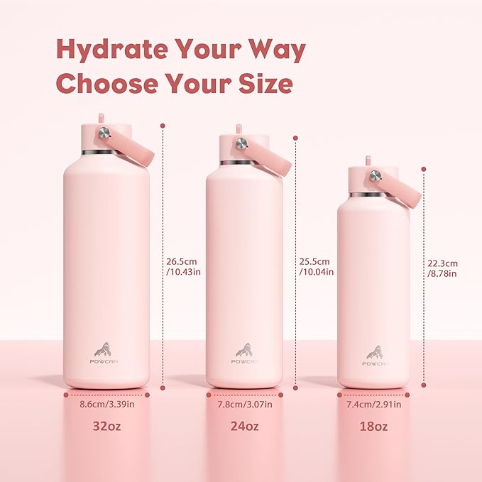 POWCAN 32 oz Insulated Water Bottle: Leakproof, Lid with Flip Straw, Cold for 24H, BPA-Free, Metal Water Bottle with Handle for Travel, Gym, Fitness, Hiking, Birthday Gift for Women (Cotton Candy)