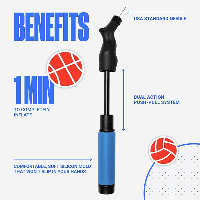 SPORTBIT Ball Pump for Sports Balls - Push & Pull Inflating System - Hand Pump for All Exercise Balls - Volleyball Pump, Basketball Inflator, Football & Soccer Ball Air Pump - Goes with 5 Needles Set