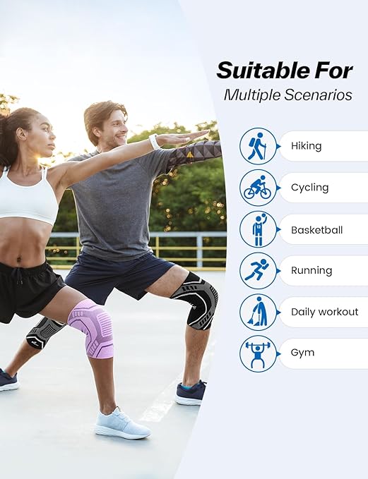 Sportneer Knee Brace with Dual Side Stabilizers – Maximum Support Compression Knee Sleeve for Men & Women, Anti-Slip Knee Support for Running, Workout, Arthritis, ACL & Pain Relief (Pink-Purple, Small(14.5"-16.5"))