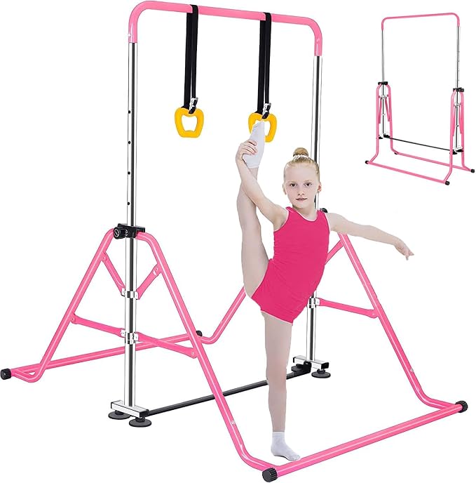 Gymnastics Horizontal Bar, Junior Training Kip Bar Gymnastics Equipment for Home, Adjustable Telescopic Height Folding Horizontal Bar with Gymnastic Rings for 3-12 Years Old Kids
