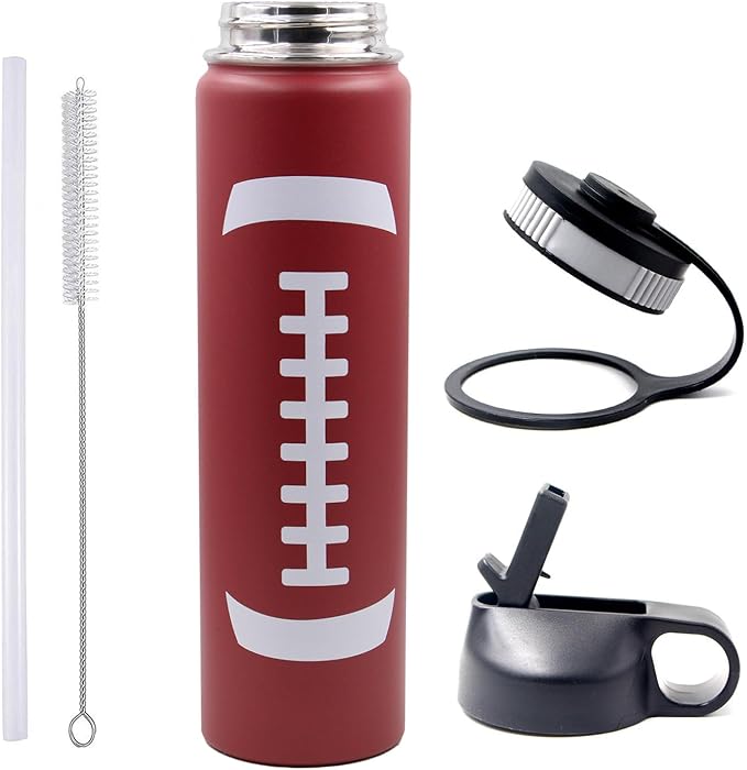 25 oz Football Water Bottle with Straw, Sports Flask Metal Travel Tumbler with 2 Lids, Stainless Steel Double Wall Vacuum Insulated Leak Proof Thermo Water Bottles, Football Gear Gifts for Boys Girls