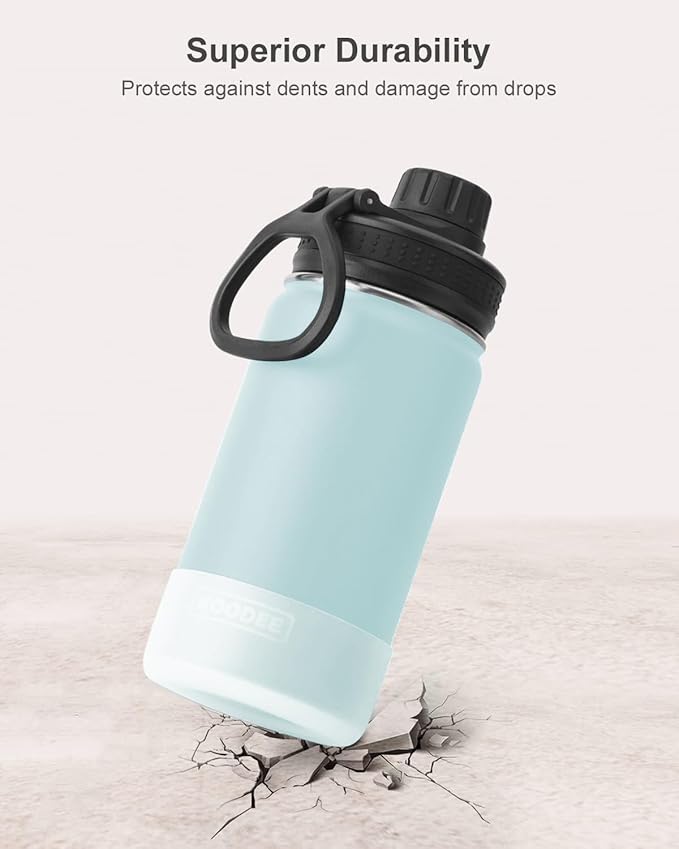 koodee Small Water Bottle 12 oz Stainless Steel Vacuum Insulated Wide Mouth Water Bottle with Leakproof Spout Lid（Bby Blue）