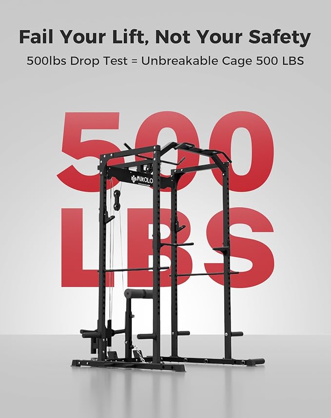 Mikolo Power Cage, Power Rack with LAT Pulldown, 1200 Pounds Capacity Workout Cage with More Training Attachments, Squat Rack for Home Gym, F4 Versions